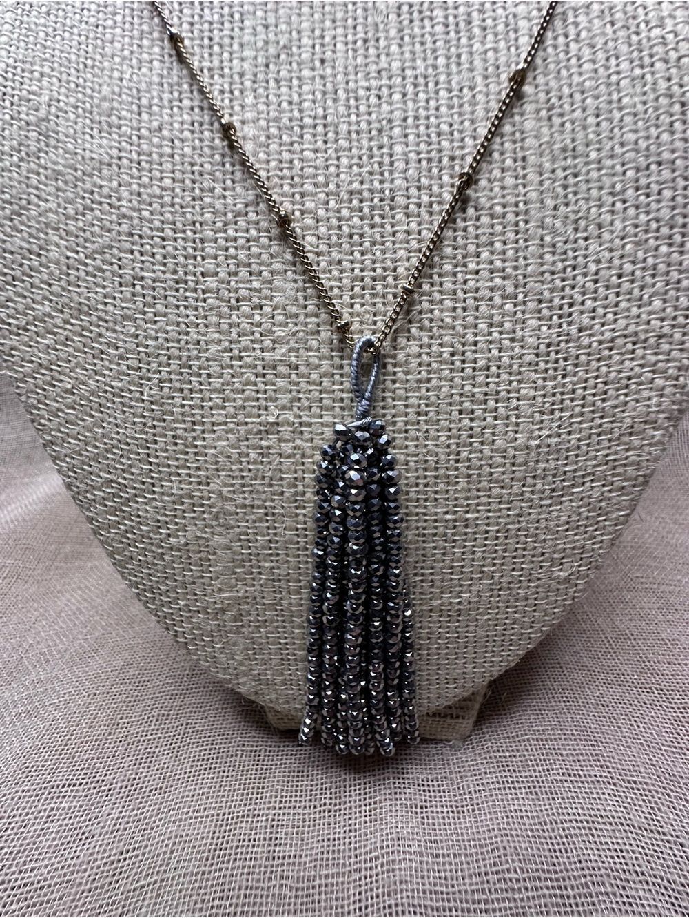 Long Metallic Gray Beaded Tassel Necklace Layering Piece